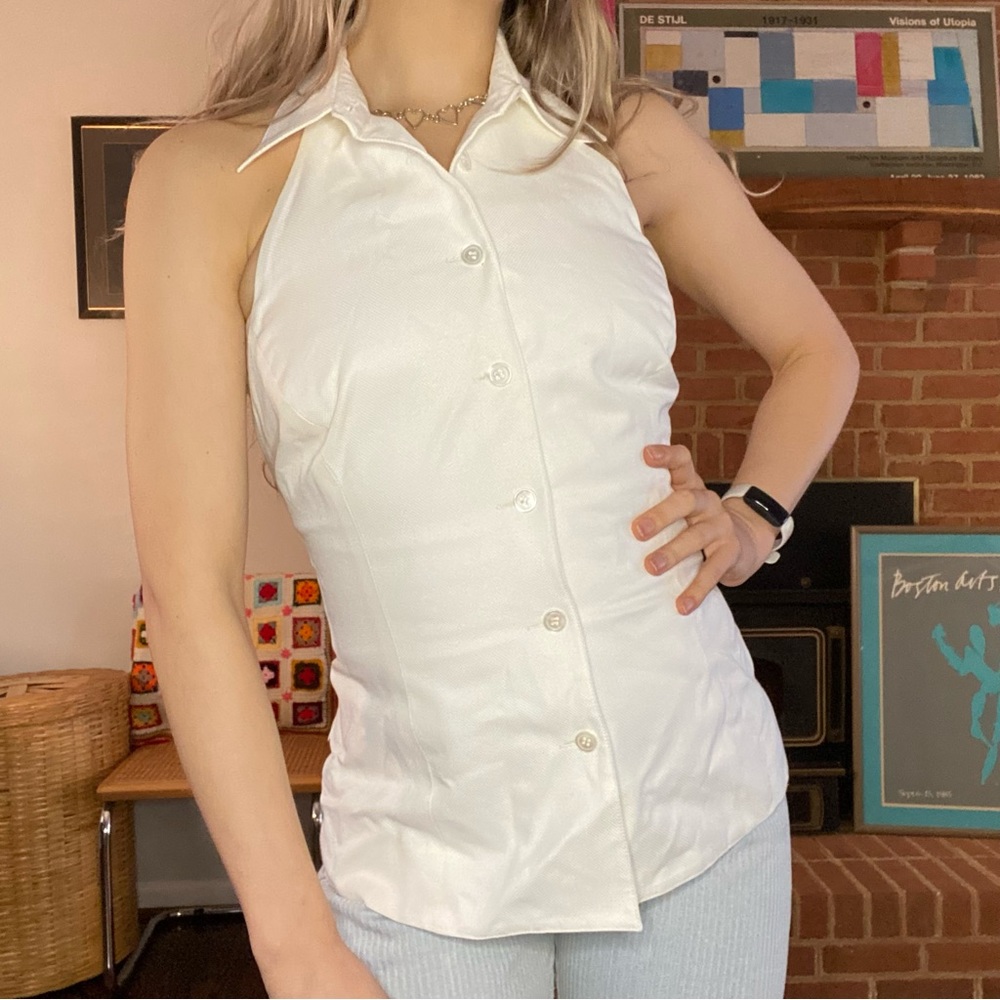 Vintage 1980s Deadstock Michael Kors Collar Button Up Fitted Cotton Halt… - Picture 2 of 15